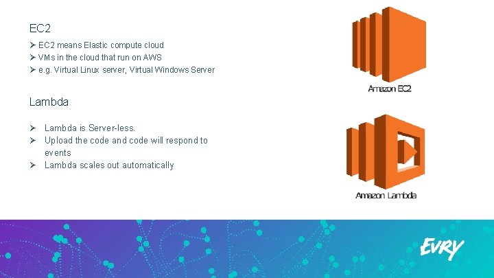 EC 2 Ø EC 2 means Elastic compute cloud Ø VMs in the cloud