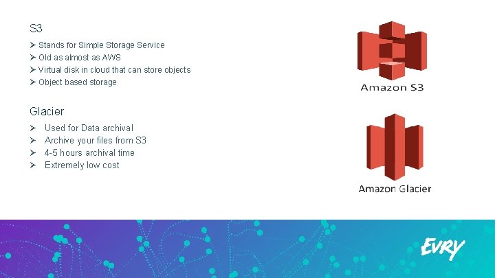 S 3 Ø Stands for Simple Storage Service Ø Old as almost as AWS