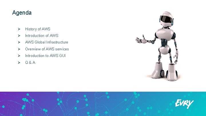 Agenda Ø History of AWS Ø Introduction of AWS Ø AWS Global Infrastructure Ø