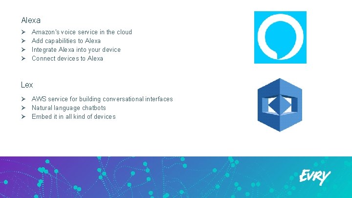 Alexa Ø Ø Amazon's voice service in the cloud Add capabilities to Alexa Integrate