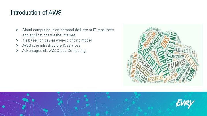 Introduction of AWS Ø Cloud computing is on-demand delivery of IT resources and applications