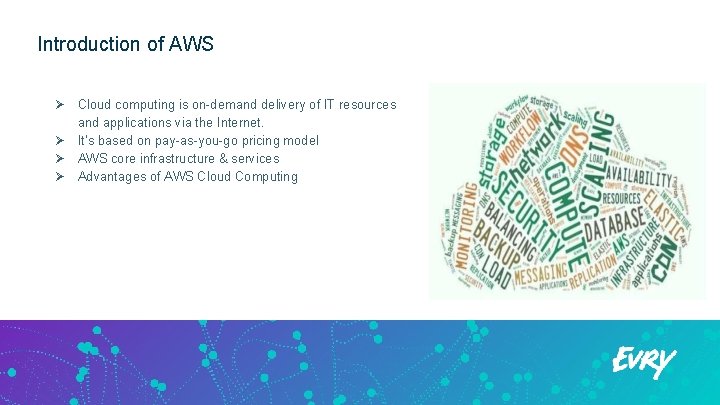 Introduction of AWS Ø Cloud computing is on-demand delivery of IT resources and applications