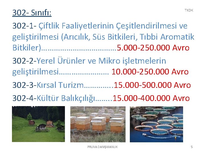 302 - Sınıfı: 302 -1 - Çiftlik Faaliyetlerinin Çeşitlendirilmesi ve geliştirilmesi (Arıcılık, Süs Bitkileri,