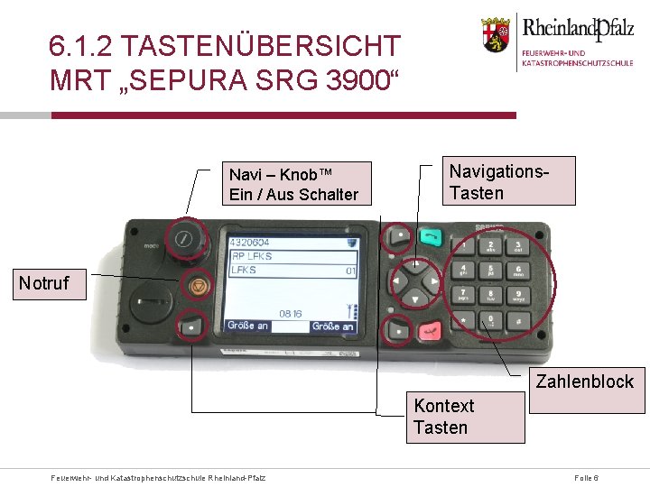 6. 1. 2 TASTENÜBERSICHT MRT „SEPURA SRG 3900“ Navi – Knob™ Ein / Aus