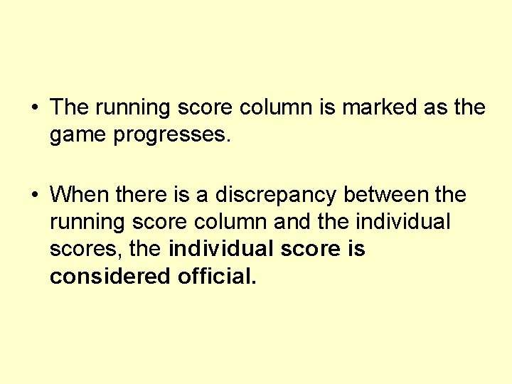  • The running score column is marked as the game progresses. • When
