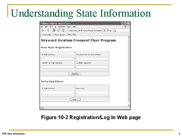 Understanding State Information Figure 10 -2 Registration/Log In Web page PHP State Information 8