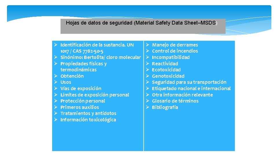 Hojas de datos de seguridad (Material Safety Data Sheet–MSDS) Ø Identificación de la sustancia.