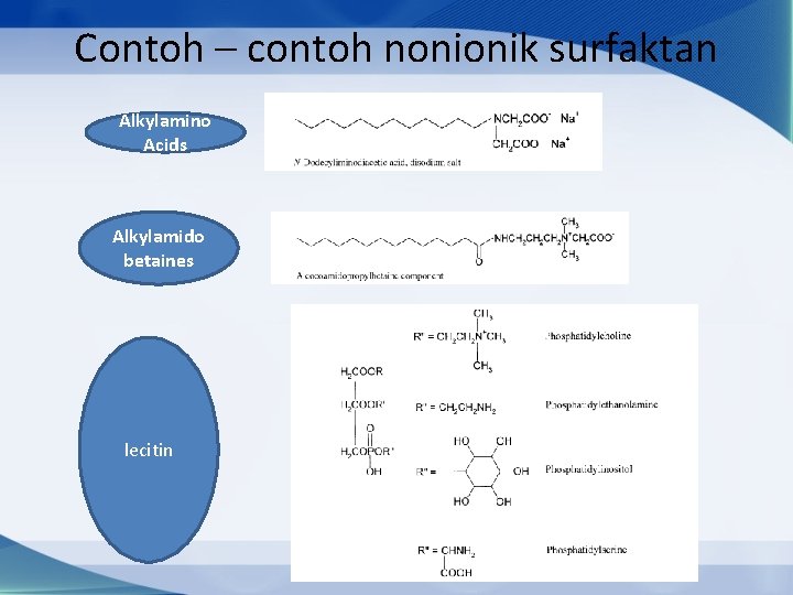 Contoh – contoh nonionik surfaktan Alkylamino Acids Alkylamido betaines lecitin 