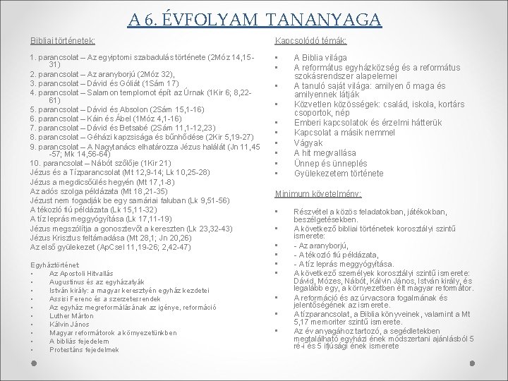 A 6. ÉVFOLYAM TANANYAGA Bibliai történetek: Kapcsolódó témák: 1. parancsolat – Az egyiptomi szabadulás