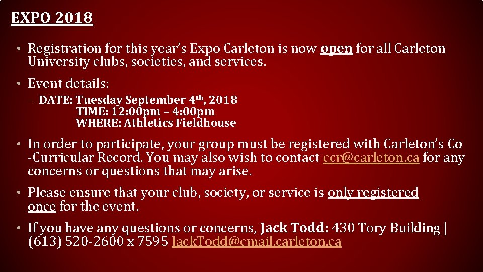 EXPO 2018 • Registration for this year’s Expo Carleton is now open for all