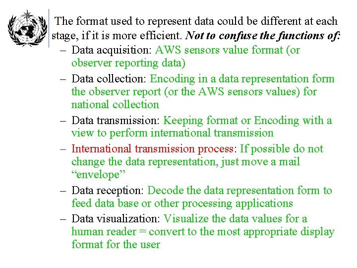 The format used to represent data could be different at each stage, if it