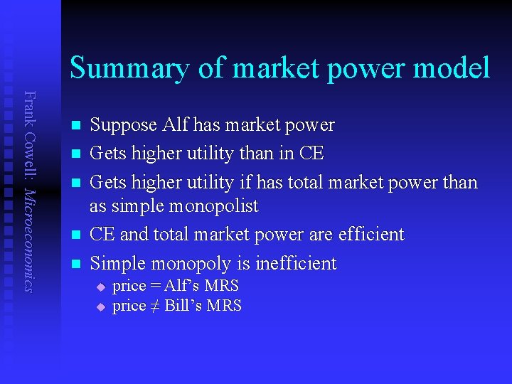 Summary of market power model Frank Cowell: Microeconomics n n n Suppose Alf has