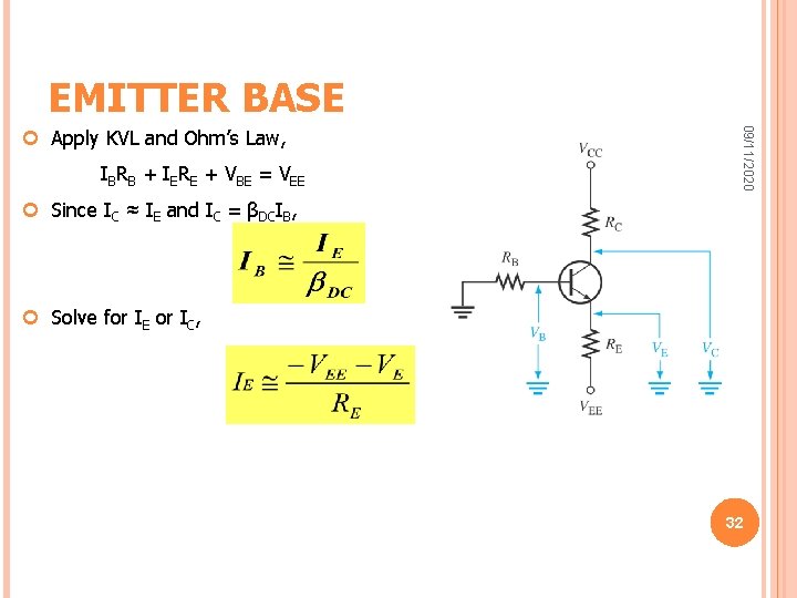 EMITTER BASE IBRB + IERE + VBE = VEE 09/11/2020 Apply KVL and Ohm’s