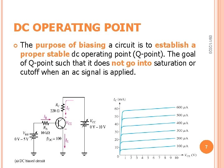 DC OPERATING POINT 09/11/2020 The purpose of biasing a circuit is to establish a DC OPERATING POINT 09/11/2020 The purpose of biasing a circuit is to establish a