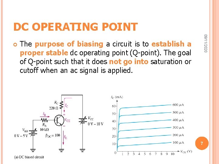 DC OPERATING POINT 09/11/2020 The purpose of biasing a circuit is to establish a