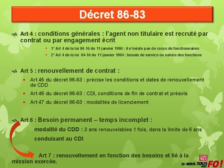 Décret 86 -83 Art 4 : conditions générales : l’agent non titulaire est recruté