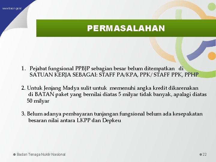 PERMASALAHAN 1. Pejabat fungsional PPBJP sebagian besar belum ditempatkan di SATUAN KERJA SEBAGAI: STAFF