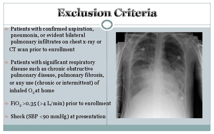 Exclusion Criteria ² Patients with confirmed aspiration, pneumonia, or evident bilateral pulmonary infiltrates on