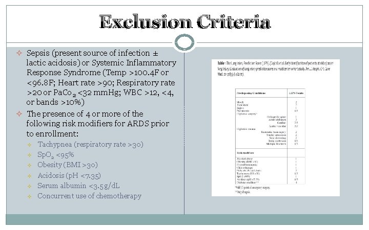 Exclusion Criteria ² Sepsis (present source of infection ± lactic acidosis) or Systemic Inflammatory