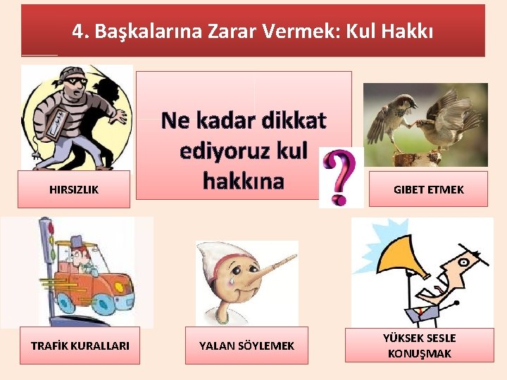 4. Başkalarına Zarar Vermek: Kul Hakkı HIRSIZLIK TRAFİK KURALLARI Ne kadar dikkat ediyoruz kul