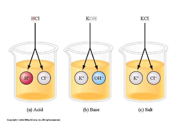 HCl H+ KOH Cl– (a) Acid K+ OH– (b) Base KCl K+ Cl– (c)