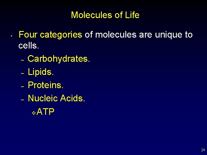 Molecules of Life • Four categories of molecules are unique to cells. – Carbohydrates.