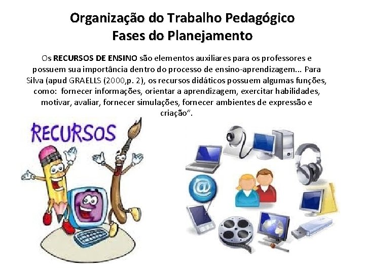 Organização do Trabalho Pedagógico Fases do Planejamento Os RECURSOS DE ENSINO são elementos auxiliares