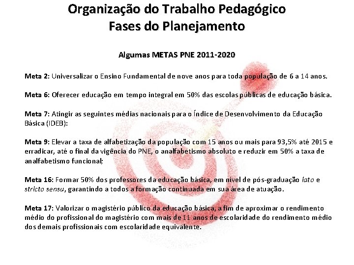 Organização do Trabalho Pedagógico Fases do Planejamento Algumas METAS PNE 2011 -2020 Meta 2: