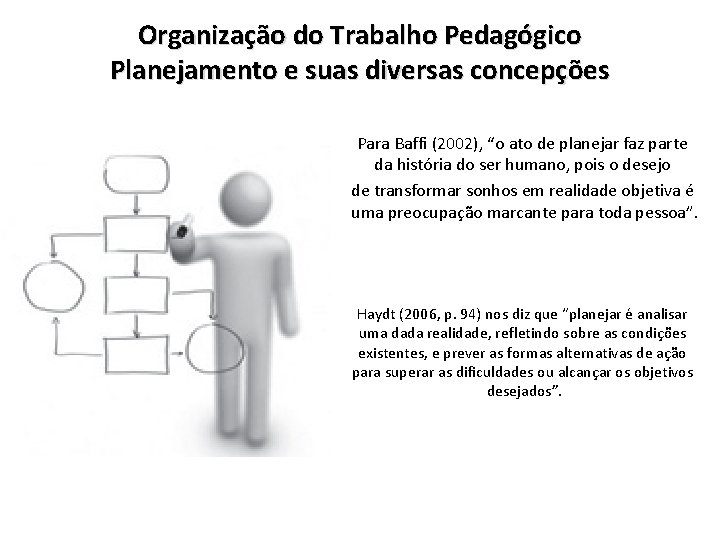 Organização do Trabalho Pedagógico Planejamento e suas diversas concepções Para Baffi (2002), “o ato