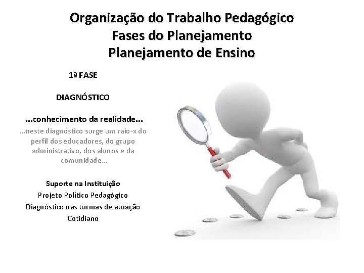 Organização do Trabalho Pedagógico Fases do Planejamento de Ensino 1ª FASE DIAGNÓSTICO. . .