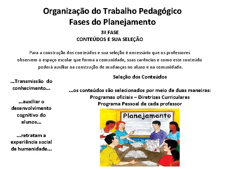 Organização do Trabalho Pedagógico Fases do Planejamento 3ª FASE CONTEÚDOS E SUA SELEÇÃO Para