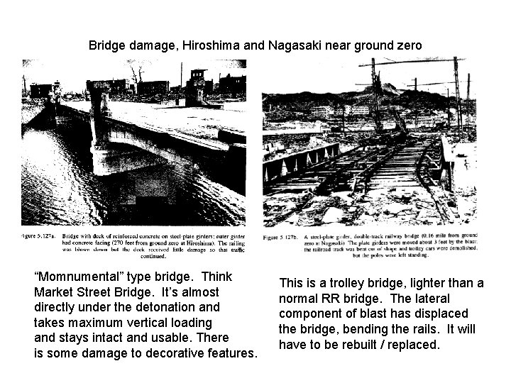 Bridge damage, Hiroshima and Nagasaki near ground zero “Momnumental” type bridge. Think Market Street