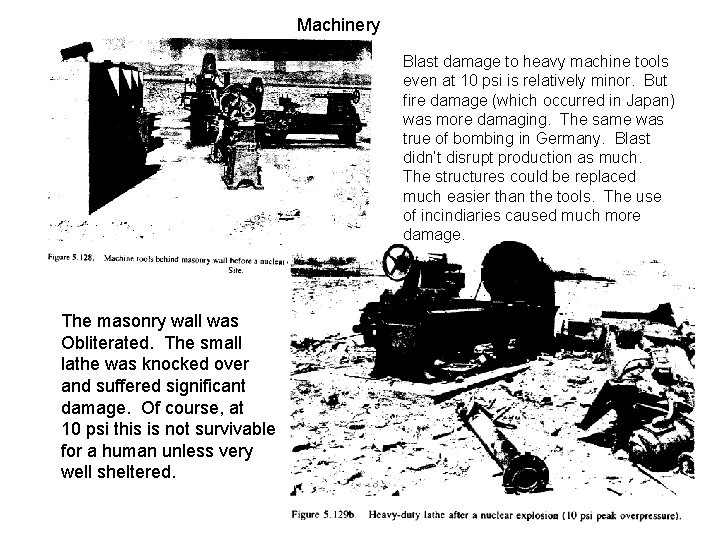 Machinery Blast damage to heavy machine tools even at 10 psi is relatively minor.