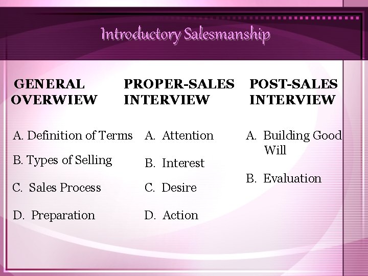 Introductory Salesmanship GENERAL OVERWIEW PROPER-SALES INTERVIEW A. Definition of Terms A. Attention B. Types