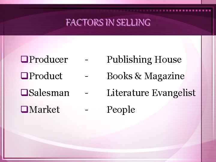 FACTORS IN SELLING q. Producer - Publishing House q. Product - Books & Magazine