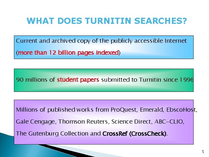 WHAT DOES TURNITIN SEARCHES? Current and archived copy of the publicly accessible Internet (more