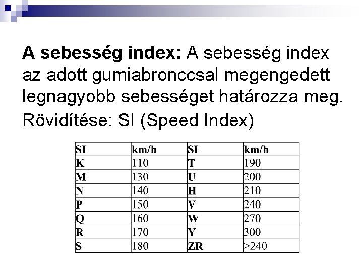 A sebesség index: A sebesség index az adott gumiabronccsal megengedett legnagyobb sebességet határozza meg.