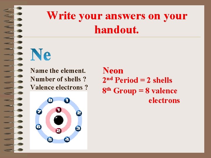 Write your answers on your handout. Name the element. Number of shells ? Valence