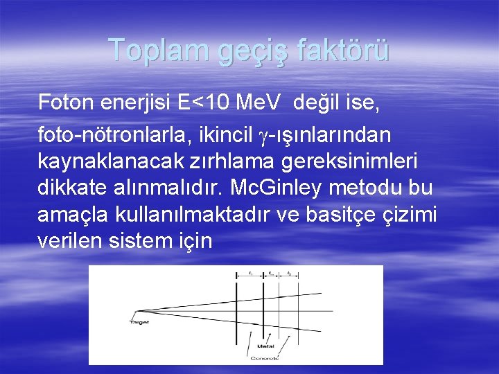 Toplam geçiş faktörü Foton enerjisi E<10 Me. V değil ise, foto-nötronlarla, ikincil g-ışınlarından kaynaklanacak