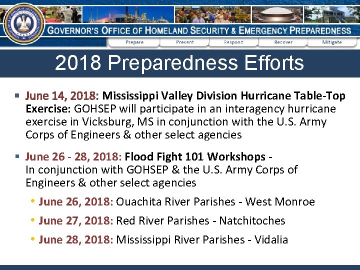 2018 Preparedness Efforts § June 14, 2018: Mississippi Valley Division Hurricane Table-Top Exercise: GOHSEP