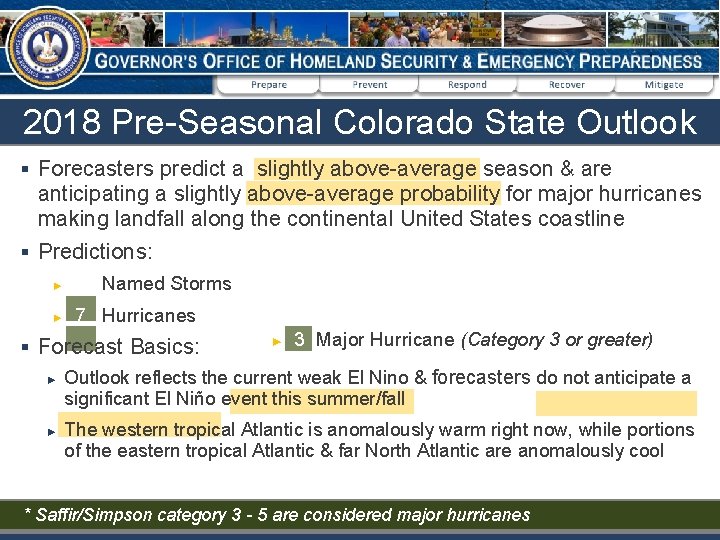 2018 Pre-Seasonal Colorado State Outlook § Forecasters predict a slightly above-average season & are