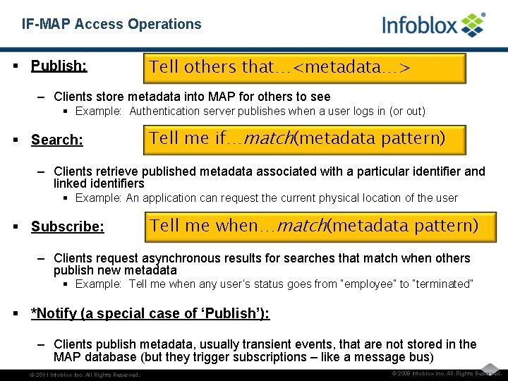 IF-MAP Access Operations § Publish: Tell others that…<metadata…> – Clients store metadata into MAP