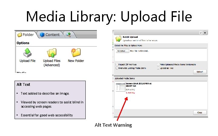 Media Library: Upload File Alt Text • Text added to describe an image. •