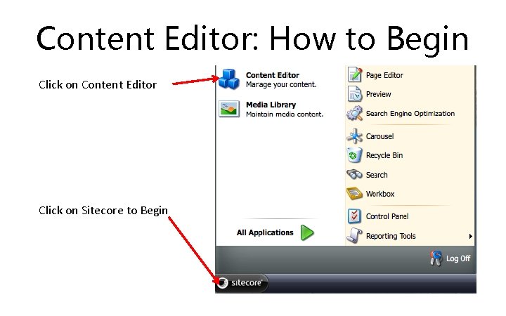 Content Editor: How to Begin Click on Content Editor Click on Sitecore to Begin