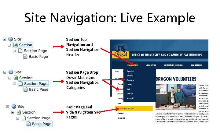 Site Navigation: Live Example Section Top Navigation and Section Navigation Header Section Page Drop