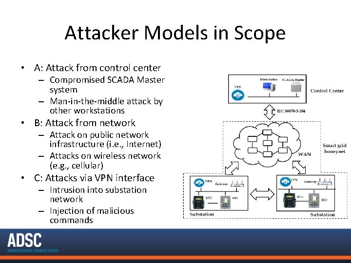 Attacker Models in Scope • A: Attack from control center – Compromised SCADA Master