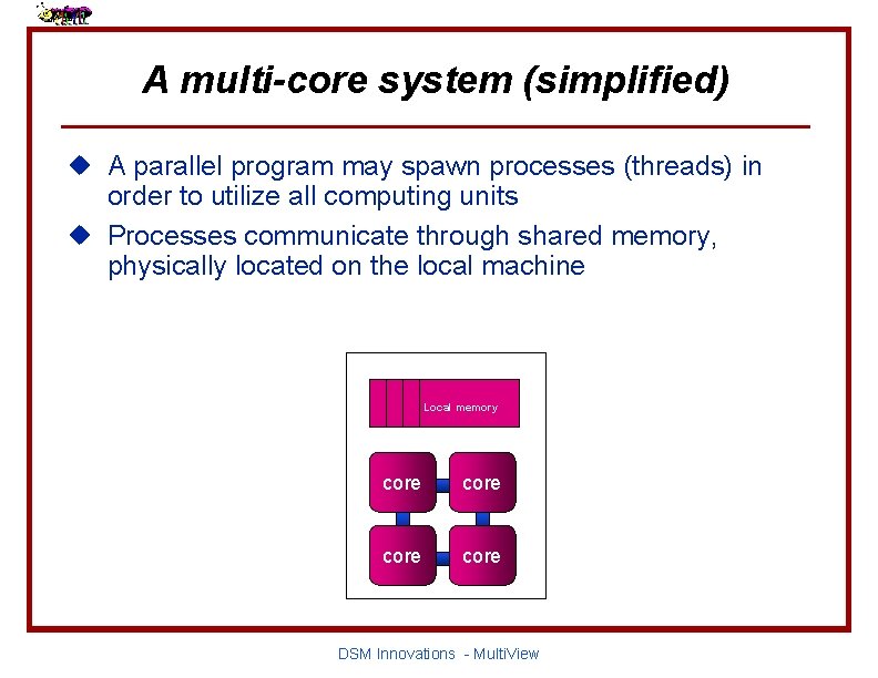 A multi-core system (simplified) u A parallel program may spawn processes (threads) in order