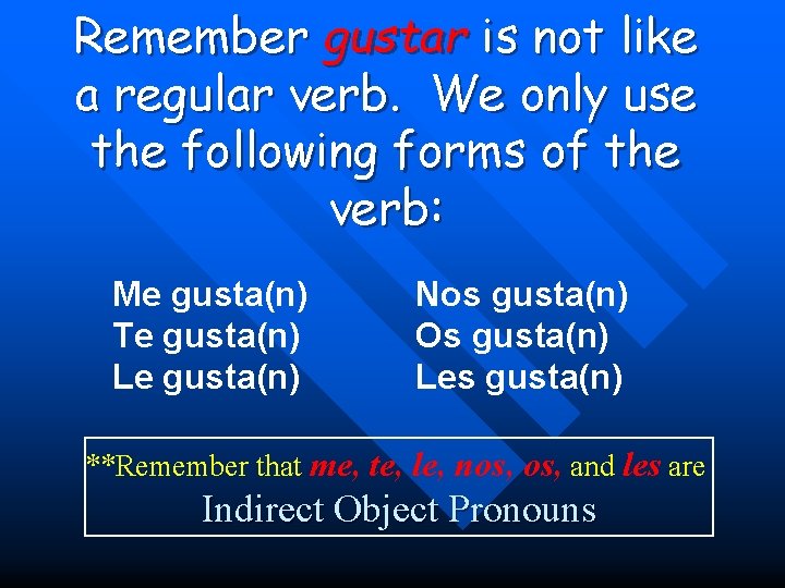 Remember gustar is not like a regular verb. We only use the following forms