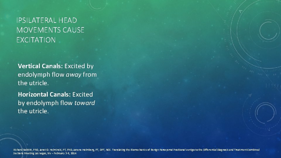 IPSILATERAL HEAD MOVEMENTS CAUSE EXCITATION Vertical Canals: Excited by endolymph flow away from the