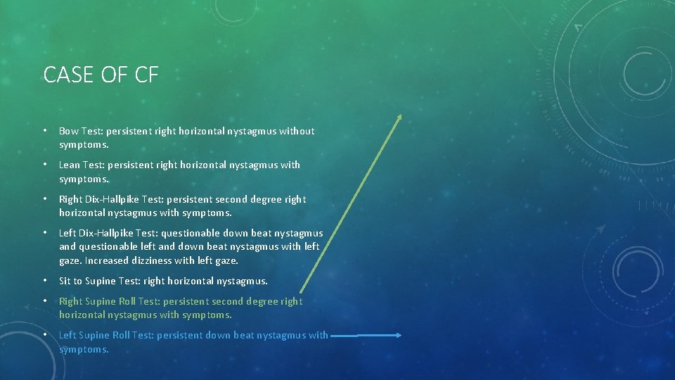 CASE OF CF • Bow Test: persistent right horizontal nystagmus without symptoms. • Lean